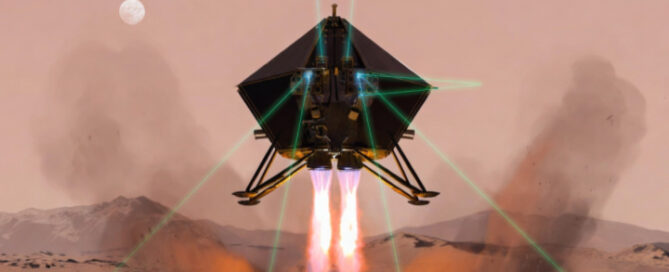Futuristic spacecraft with glowing green lidar beams performing a powered descent and landing on the Martian surface, with the Psionic logo in the top right.
