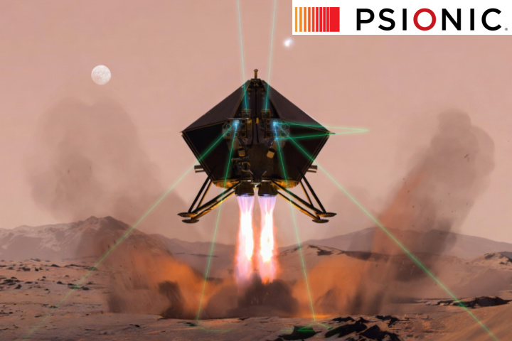Futuristic spacecraft with glowing green lidar beams performing a powered descent and landing on the Martian surface, with the Psionic logo in the top right.